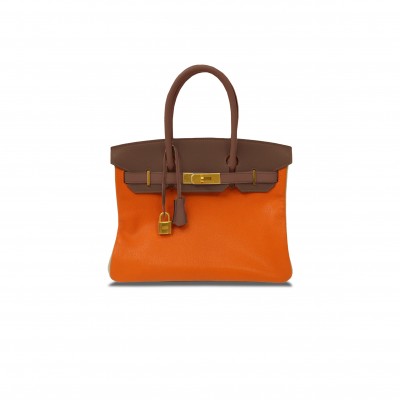 HERMES BIRKIN 25 TOGO LEATHER FLAME ORANGE CHOCOLATE SILVER BUCKLE BAG H028365CC16 (25*20*13cm)